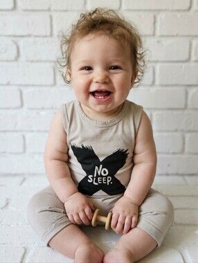 Kids "No Sleep" Graphic Romper Boy Girl Neutral Beige Sunsuit Bodysuit 6-9M